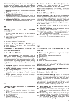 Page 77
d’utilisation ont été placés sur la machine.  Leur significa-
tion est donnée ci-dessous. Nous vous recommandons
également de lire attentivement les consignes de sécurité
données au chapitre correspondant du présent manuel.
41. Attention:Lire le manuel d’utilisateur avant d’utiliser la
tondeuse.
42. Risque de projection.Tenir les tierces personnes en
dehors de la zone d’utilisation.
43. Attention:Débrancher le capuchon de bougie et
consulter le livret d'instructions avant tout travail d’en-
tretien...