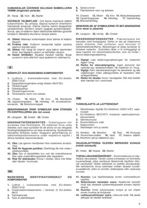 Page 99
KUMANDALAR ÜZERINDE BULUNAN SEMBOLLERIN
TANlMl (öngörülen yerlerde)
21.Yavaﬂ   22.H›zl›   23.Starter 
GÜVENL‹K TAL‹MATLARI- Çim biçme makineniz tedbirli
kullanılmalıdır. Bu amaçla, baﬂlıca kullanım önlemlerini
hatırlatmak amacıyla, makine üzerine resimli diyagramlar
yerleﬂtirilmiﬂtir. Bunların anlamı aﬂa¤ıda açıklanmaktadır.
Ayrıca, iﬂbu el kitabının iliﬂkin bölümünde belirtilen güvenlik
kurallarını dikkatlice okumanızı tavsiye ederiz.
41. Dikkat:Makineyi kullanmadan önce talimat el kitabını
okuyun....