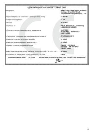 Page 1313
•îËÏ‡Ú‡
•ì‰ÓÒÚÓ‚Âﬂ‚‡, ˜Â ÍÓÒ‡˜Í‡Ú‡ Ò ÂÎÂÍÚË˜ÂÒÍË ÏÓÚÓ
•òËÓ˜ËÌ‡ Ì‡ ﬂÁ‡ÌÂ
•åÓÚÓ
•àÁÔËÚ‡Ì ÓÚ
•ë˙ÓÚ‚ÂÚÒÚ‚‡ Ì‡ ÒÔÂˆËÙËÍËÚÂ Ì‡ ‰ËÂÍÚË‚ËÚÂ
•èÓˆÂ‰Û‡, ÒÎÂ‰‚‡Ì‡ ÔË ÓˆÂÌÍ‡ Ì‡ Ò˙ÓÚ‚ÂÚÒÚ‚ËÂÚÓ
•çË‚Ó Ì‡ ÓÚ˜ÂÚÂÌ‡ ‡ÍÛÒÚË˜Ì‡ ÏÓ˘ÌÓÒÚ
•çË‚Ó Ì‡ „‡‡ÌÚË‡Ì‡ ‡ÍÛÒÚË˜Ì‡ ÏÓ˘ÌÓÒÚ
•Å‡ÁË‡ ÒÂ Ì‡ Ò˙„Î‡ÒÛ‚‡ÌËÚÂ ÌÓÏË
•ÄÍÛÒÚË˜ÌÓ Ì‡Îﬂ„‡ÌÂ ÛıÓ Ì‡ ÓÔÂ‡ÚÓ ‚ Ò˙ÓÚ‚ÂÚÒÚ‚ËÂ Ò 81/1051/Öàé
•ëÚÓÈÌÓÒÚ Ì‡ ‚Ë·‡ˆËËÚÂ ‚˙ıÛ ‰˙ÊÍ‡Ú‡ (EN 1033)
•ÑÖKãÄêÄñàü áÄ ëöéíÇÖíëíÇàÖ Öàé
MAKITA INTERNATIONAL EUROPE
Michigan Drive MK 15 8JD...