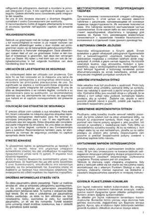 Page 97 raffiguranti dei pittogrammi, destinati a ricordarvi le princi-
pali precauzioni d’uso. Il loro significato è spiegato qui di
seguito. Queste etichette sono considerate parte integran-
te del rasaerba. 
Se una di loro dovesse staccarsi o diventare illeggibile,
contattare il vostro Concessionario per sostituirla. 
Vi raccomandiamo inoltre di leggere attentamente le norme
di sicurezza riportate nell’apposito capitolo del presente
libretto.
VEILIGHEIDSSTICKERS
Gebruik uw grasmaaier met de nodige...