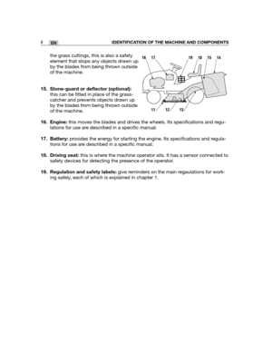 Page 94the grass cuttings, this is also a safety
element that stops any objects drawn up
by the blades from being thrown outside
of the machine.
15. Stone-guard or deflector (optional):
this can be fitted in place of the grass-
catcher and prevents objects drawn up
by the blades from being thrown outside
of the machine.  
16. Engine: this moves the blades and drives the wheels. Its specifications and regu-
lations for use are described in a specific manual.
17. Battery: provides the energy for starting the...