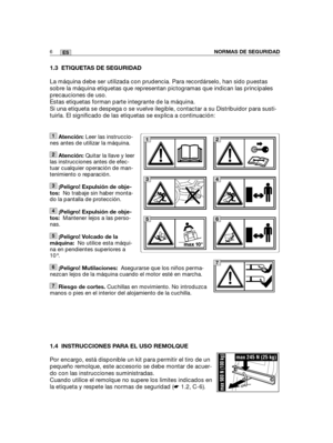 Page 176NORMAS DE SEGURIDAD6ES
1.3 ETIQUETAS DE SEGURIDAD
La máquina debe ser utilizada con prudencia. Para recordárselo, han sido puestas
sobre la máquina etiquetas que representan pictogramas que indican las principales
precauciones de uso. 
Estas etiquetas forman parte integrante de la máquina.
Si una etiqueta se despega o se vuelve ilegible, contactar a su Distribuidor para susti-
tuirla. El significado de las etiquetas se explica a continuación:
1.4 INSTRUCCIONES PARA EL USO REMOLQUE
Por encargo, está...