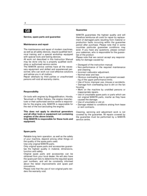 Page 216Service, spare parts and guarantee
Maintenance and repair
The maintenance and repair of modern machines,
as well as all safety devices, require qualified tech-
nical training and a special workshop equipped
with special tools and testing devices.
All work not described in this Instruction Manual
may be done only by a properly qualified work-
shop or authorised service centre.
The MAKITA service centres have all the neces-
sary equipment and skilled and experienced per-
sonnel, who can work out...