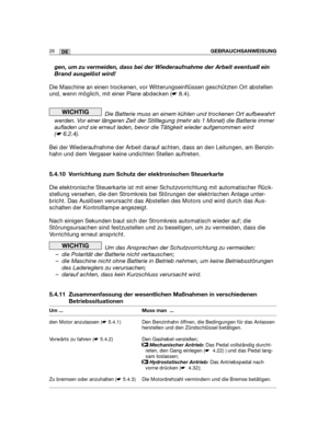 Page 2826DEGEBRAUCHSANWEISUNG
gen, um zu vermeiden, dass bei der Wiederaufnahme der Arbeit eventuell ein
Brand ausgelöst wird!
Die Maschine an einen trockenen, vor Witterungseinflüssen geschützten Ort abstellen
und, wenn möglich, mit einer Plane abdecken (☛8.4).
Die Batterie muss an einem kühlen und trockenen Ort aufbewahrt
werden. Vor einer längeren Zeit der Stilllegung (mehr als 1 Monat) die Batterie immer
aufladen und sie erneut laden, bevor die Tätigkeit wieder aufgenommen wird
(☛6.2.4).
Bei der...