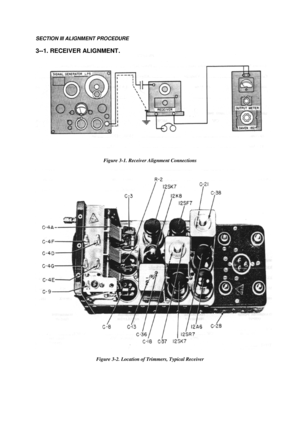 Page 27SECTION III ALIGNMENT PROCEDURE 
 
3--1. RECEIVER ALIGNMENT.  
Figure 3-1. Receiver Alignment Connections  
Figure 3-2. Location of Trimmers, Typical Receiver  