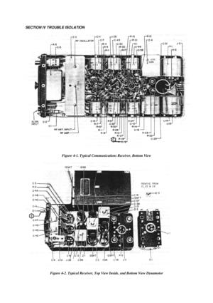 Page 33SECTION IV TROUBLE ISOLATION  
Figure 4-1. Typical Communications Receiver, Bottom View  
Figure 4-2. Typical Receiver, Top View Inside, and Bottom View Dynamotor  