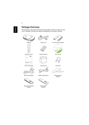 Page 122
English
Package Overview
This projector comes with all the items shown below. Check to make sure your 
unit is complete. Contact your dealer immediately if any thing is missing.
Projector Power cord AC to DC power adapter
Remote control Battery (option) Users guide
Quick start guide Carrying case  VGA cable
MHL cable (option) HDMI cable (option) WirelessHD-Kit
(option)
WirelessAndroid-Kit
(option)WirelessCAST
(option)
DC 5V IN
MHL HDMI 