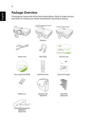 Page 122
English
Package Overview
This projector comes with all the items shown below. Check to make sure you 
have them all. Contact your dealer immediately if any thing is missing.
Projector
Power cord VGA cable Security card
User’s guide (CD-ROM) Remote control Quick start guide
Battery x 2 Carrying case
 (Optional)Dust filter
 (Optional)
WirelessHD dongle kit 
(MWIHD1)
(Optional)
X1185/X1185N/X1285/X1285N/
P1185/X1385WH
 P1285/P1385W/H6518BD  S1285  