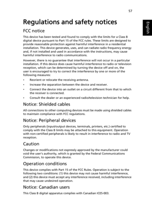 Page 6757
English
EnglishRegulations and safety notices
FCC notice
This device has been tested and found to comply with the limits for a Class B 
digital device pursuant to Part 15 of the FCC rules. These limits are designed to 
provide reasonable protection against harmful interference in a residential 
installation. This device generates, uses, and can radiate radio frequency energy 
and, if not installed and used in accordance with the instructions, may cause 
harmful interference to radio communications....