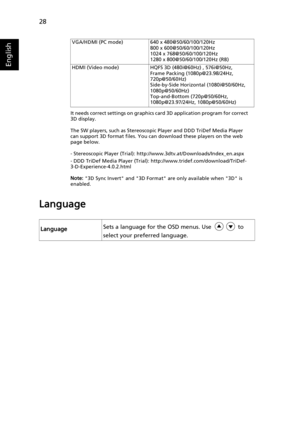 Page 3828
English
It needs correct settings on graphics card 3D application program for correct 
3D display.
The SW players, such as Stereoscopic Player and DDD TriDef Media Player 
can support 3D format files. You can download these players on the web 
page below.
- Stereoscopic Player (Trial): http://www.3dtv.at/Downloads/Index_en.aspx
- DDD TriDef Media Player (Trial): http://www.tridef.com/download/TriDef-
3-D-Experience-4.0.2.html
Note: 3D Sync Invert and 3D Format are only available when 3D is 
enabled....