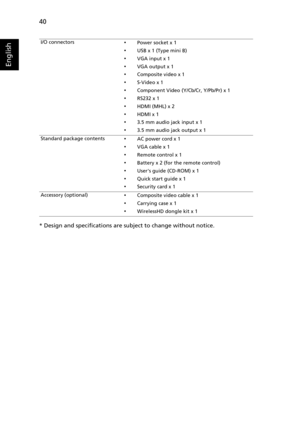 Page 5040
English
* Design and specifications are subject to change without notice.
I/O connectors•Power socket x 1
•USB x 1 (Type mini B)
•VGA input x 1
•VGA output x 1
•Composite video x 1
•S-Video x 1
•Component Video (Y/Cb/Cr, Y/Pb/Pr) x 1
•RS232 x 1
•HDMI (MHL) x 2
•HDMI x 1
•3.5 mm audio jack input x 1
•3.5 mm audio jack output x 1
Standard package contents
•AC power cord x 1
•VGA cable x 1
•Remote control x 1
•Battery x 2 (for the remote control)
•Users guide (CD-ROM) x 1
•Quick start guide x 1
•Security...