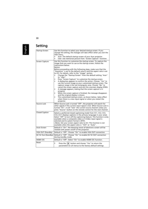 Page 4030
English
Setting
Startup Screen Use this function to select your desired startup screen. If you 
change the setting, the changes will take effect when you exit the 
OSD menu.
• Acer: The default startup screen of your Acer projector.
• User: Use memorize picture from Screen Capture function.
Screen Capture Use this function to customize the startup screen. To capture the 
image that you want to use as the startup screen, follow the 
instructions below.
Notice:
Before proceeding with the following...