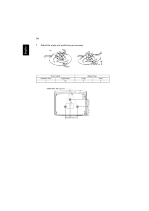 Page 6050
English
5 Adjust the angle and positioning as necessary.
Screw Type B Washer Type
Diameter (mm) Length (mm) Large Small
425VV
360°
85.00 mm 55.00 mm
82.30 mm
104.07 mm
SCREW SPEC. M4 x 25 mm 