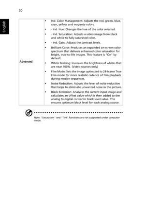 Page 4030
English
Note: Saturation and Tint functions are not supported under computer 
mode.
Advanced
•Ind. Color Management: Adjusts the red, green, blue, 
cyan, yellow and magenta colors.
•- Ind. Hue: Changes the hue of the color selected.
•- Ind. Saturation: Adjusts a video image from black 
and white to fully saturated color.
•- Ind. Gain: Adjusts the contrast levels.
•Brilliant Color: Produces an expanded on-screen color 
spectrum that delivers enhanced color saturation for 
bright, true-to-life images....