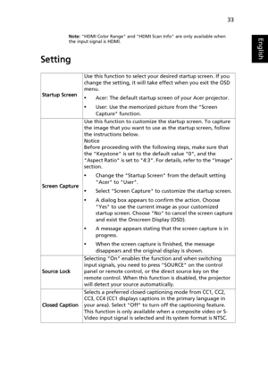 Page 4333
EnglishNote: HDMI Color Range and HDMI Scan Info are only available when 
the input signal is HDMI.
Setting
Startup ScreenUse this function to select your desired startup screen. If you 
change the setting, it will take effect when you exit the OSD 
menu.•Acer: The default startup screen of your Acer projector.
•User: Use the memorized picture from the Screen 
Capture function.
Screen CaptureUse this function to customize the startup screen. To capture 
the image that you want to use as the startup...