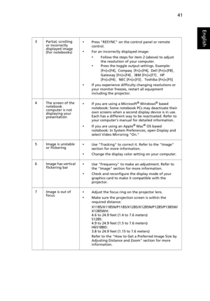 Page 5141
English
3 Partial, scrolling 
or incorrectly 
displayed image
(For notebooks)•Press RESYNC on the control panel or remote 
control.
•For an incorrectly displayed image:
•Follow the steps for item 2 (above) to adjust 
the resolution of your computer.
•Press the toggle output settings. Example: 
[Fn]+[F4], Compaq [Fn]+[F4], Dell [Fn]+[F8], 
Gateway [Fn]+[F4], IBM [Fn]+[F7], HP 
[Fn]+[F4], NEC [Fn]+[F3], Toshiba [Fn]+[F5]
•If you experience difficulty changing resolutions or 
your monitor freezes,...