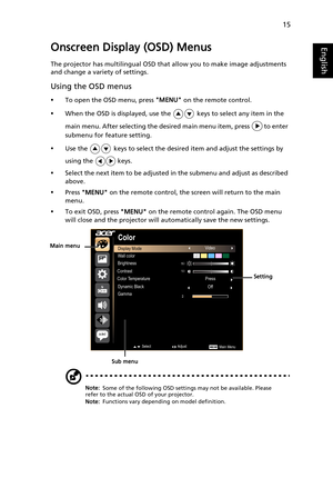 Page 2515
EnglishOnscreen Display (OSD) Menus
The projector has multilingual OSD that allow you to make image adjustments 
and change a variety of settings.
Using the OSD menus
•To open the OSD menu, press MENU on the remote control.
•When the OSD is displayed, use the   keys to select any item in the 
main menu. After selecting the desired main menu item, press   to enter 
submenu for feature setting.
•Use the   keys to select the desired item and adjust the settings by 
using the   keys.
•Select the next item...