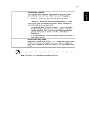 Page 2919
English
Note: Functions vary depending on model definition.Administrator Password
The Administrator Password can be used in both the Enter 
Administrator Password and Enter Password dialog boxes.
•Press   to change the Administrator Password.
•The factory default of Administrator Password is 1234.
If you forgot your administrator password, do the following to 
retrieve the administrator password:
•An unique 6-digit Universal Password which is printed on 
the Security Card (please check accessory in...