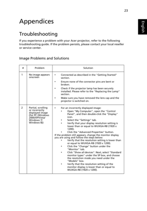 Page 3323
EnglishAppendices
Troubleshooting
If you experience a problem with your Acer projector, refer to the following 
troubleshooting guide. If the problem persists, please contact your local reseller 
or service center.
Image Problems and Solutions
# Problem Solution
1 No image appears 
onscreen
•Connected as described in the Getting Started 
section.
•Ensure none of the connector pins are bent or 
broken.
•Check if the projector lamp has been securely 
installed. Please refer to the Replacing the Lamp...