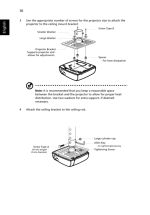 Page 4030
English
3 Use the appropriate number of screws for the projector size to attach the 
projector to the ceiling mount bracket.
Note: It is recommended that you keep a reasonable space 
between the bracket and the projector to allow for proper heat 
distribution. Use two washers for extra support, if deemed 
necessary.
4 Attach the ceiling bracket to the ceiling rod.
-   
Smaller Washer
Projector BracketLarge Washer
Supports projector and
allows for adjustmentsScrew Type B
Spacer
- For heat dissipation
-...