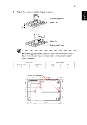 Page 4131
English5 Adjust the angle and positioning as necessary.
Note: The appropriate type of screw and washer for each model is 
listed in the table below. 4 mm diameter screws are enclosed in 
the screw pack.
Screw Type B Washer Type
Diameter (mm) Length (mm) Large Small
425VV
Tightening Screw
Allen Key
Tightening Screw Allen Key
112 154.5
21.5
28.8 
76.5 
84.9 
13.5
207.6 66.9
68.8
37
84.4
SCREW SPEC. M4 x 25 mm 