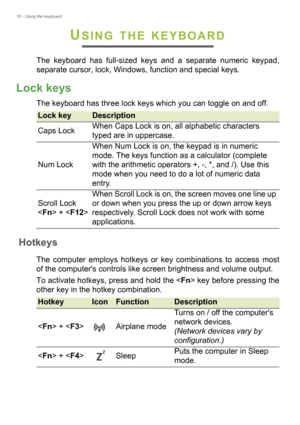 Page 1616 - Using the keyboard
USING THE KEYBOARD
The keyboard has full-sized keys and a separate numeric keypad, 
separate cursor, lock, Windows, function and special keys.
Lock keys
The keyboard has three lock keys which you can toggle on and off.
Hotkeys
The computer employs hotkeys or key combinations to access most 
of the computers controls like screen brightness and volume output.
To activate hotkeys, press and hold the  key before pressing the 
other key in the hotkey combination.
Lock keyDescription...