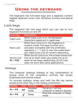 Page 1414 - Using the keyboard
USING THE KEYBOARD
The keyboard has full-sized keys and a separate numeric 
keypad, separate cursor, lock, Windows, function and special 
keys.
Lock keys
The keyboard has lock keys which you can use to turn 
keyboard functions on and off.
Hotkeys
The computer employs hotkeys or key combinations to 
access most of the computer's controls like screen 
brightness and volume output.
To activate hotkeys, press and hold the  Fn key before 
pressing the other key in the hotkey...