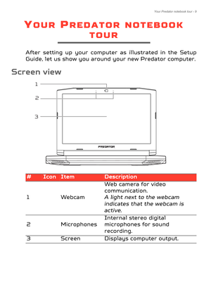 Page 9Your Predator notebook tour - 9
YOUR PREDATOR NOTEBOOK 
TOUR
After setting up your computer as illustrated in the Setup 
Guide, let us show you around your new Predator computer.
Screen view
1
3
2
#IconItemDescription
1 Webcam Web camera for video 
comm
uni

cation. 
A light next to the webcam 
indic at

es that the webcam is 
active.
2 Microphones Internal stereo digital 
m
i

crophones for sound 
recording.
3 Screen Displays computer output. 