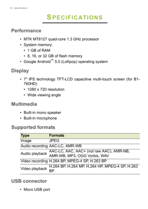 Page 5454 - Specifications
SPECIFICATIONS
Performance
• MTK MT8127 quad-core 1.3 GHz processor
• System memory:• 1 GB of RAM
• 8, 16, or 32 GB of flash memory
• Google Android
™ 5.0 (Lollipop) operating system
Display
• 7 IPS technology TFT-LCD capacitive multi-touch screen (for B1- 760HD)
• 1280 x 720 resolution
• Wide viewing angle
Multimedia
• Built-in mono speaker
• Built-in microphone
Supported formats
TypeFormats
Image JPEG
Audio recording AAC-LC, AMR-WB
Audio playback AAC-LC, AAC, AAC+ (not raw AAC),...