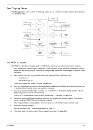 Page 137Chapter 4127
No Display Issue
If the Display doesn’t work, perform the following actions one at a time to correct the problem. Do not replace 
a non-defective FRUs:
No POST or Video
If the POST or video doesn’t display, perform the following actions one at a time to correct the problem.
1.Make sure that the internal display is selected. On this notebook model, switching between the internal 
display and the external display is done by pressing Fn+F5. Reference Product pages for specific model...