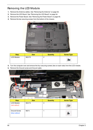 Page 7666Chapter 3
Removing the LCD Module
1.Remove the Antenna cables. See “Removing the Antenna” on page 62.
2.Remove the LED Board. See “Removing the LED Board” on page 64.
3.Remove the Power Board. See “Removing the Power Board” on page 65.
4.Remove the two securing screws from the bottom of the chassis.
5.Turn the computer over and remove the four securing screws (two on each side) from the LCD module.
6.Remove the Ground screw and Ground cable.
StepSizeQuantityScrew Type
LCD Module M2.5*5 2...