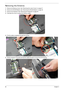 Page 7262Chapter 3
Removing the Antenna
1.Remove the Memory Cover. See “Removing the Lower Covers” on page 47.
2.Remove the WLAN Module. See “Removing the WLAN Module” on page 48.
3.Remove the Keyboard. See “Removing the Keyboard” on page 59.
4.Peel back the cover to expose the Antenna cables.
5.Pull the cables completely through the housing.
6.Tilt the computer on its side and feed the cables through to remove from the housing. 