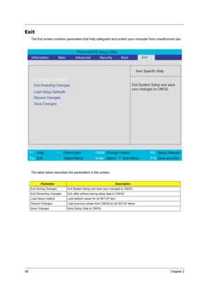 Page 6658Chapter 2
Exit
The Exit screen contains parameters that help safeguard and protect your computer from unauthorized use.
The table below describes the parameters in this screen.
ParameterDescription
Exit Saving Changes Exit System Setup and save your changes to CMOS.
Exit Discarding Changes Exit utility without saving setup data to CMOS.
Load Setup Default Load default values for all SETUP item.
Discard Changes Load previous values from CMOS for all SETUP items.
Save Changes Save Setup Data to CMOS....