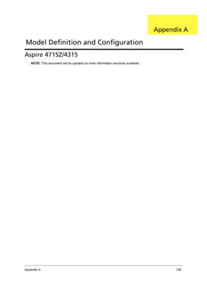 Page 146Appendix A136
Aspire 4715Z/4315
NOTE: This document will be updated as more information becomes available.
Model Definition and Configuration
Appendix A 