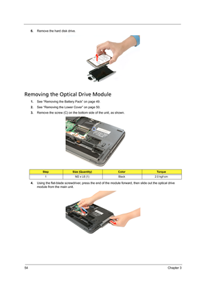 Page 6454Chapter 3
6.Remove the hard disk drive. 
Removing the Optical Drive Module
1.See “Removing the Battery Pack” on page 49.
2.See “Removing the Lower Cover” on page 50.
3.Remove the screw (C) on the bottom side of the unit, as shown. 
4.Using the flat-blade screwdriver, press the end of the module forward, then slide out the optical drive 
module from the main unit.   
StepSize (Quantity)ColorTo r q u e
1 M2 x L6 (1) Black 2.0 kgf-cm 