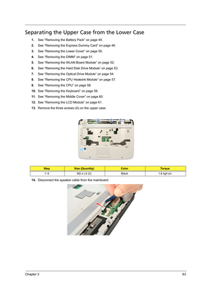 Page 73Chapter 363
Separating the Upper Case from the Lower Case
1.See “Removing the Battery Pack” on page 49.
2.See “Removing the Express Dummy Card” on page 49.
3.See “Removing the Lower Cover” on page 50.
4.See “Removing the DIMM” on page 51.
5.See “Removing the WLAN Board Module” on page 52.
6.See “Removing the Hard Disk Drive Module” on page 53.
7.See “Removing the Optical Drive Module” on page 54.
8.See “Removing the CPU Heatsink Module” on page 57.
9.See “Removing the CPU” on page 58.
10.See “Removing...