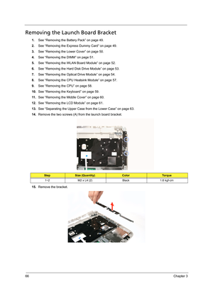 Page 7666Chapter 3
Removing the Launch Board Bracket
1.See “Removing the Battery Pack” on page 49.
2.See “Removing the Express Dummy Card” on page 49.
3.See “Removing the Lower Cover” on page 50.
4.See “Removing the DIMM” on page 51.
5.See “Removing the WLAN Board Module” on page 52.
6.See “Removing the Hard Disk Drive Module” on page 53.
7.See “Removing the Optical Drive Module” on page 54.
8.See “Removing the CPU Heatsink Module” on page 57.
9.See “Removing the CPU” on page 58.
10.See “Removing the Keyboard”...