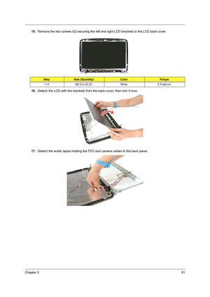 Page 91Chapter 381
15.Remove the two screws (G) securing the left and right LCD brackets to the LCD back cover. 
16.Detach the LCD with the brackets from the back cover, then turn it over. 
17.Detach the acetic tapes holding the FPC and camera cables to the back panel.
StepSize (Quantity)ColorTo r q u e
1~2 M2.5 x L6 (2) Silver 2.5 kgf-cm  