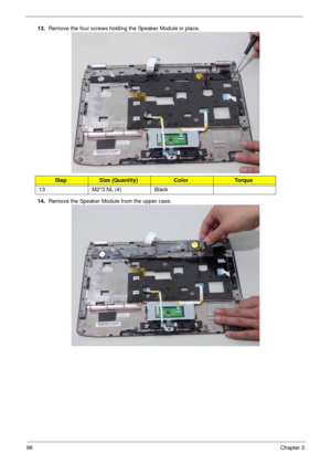 Page 10696Chapter 3
13.Remove the four screws holding the Speaker Module in place. 
14.Remove the Speaker Module from the upper case. 
StepSize (Quantity)ColorTo r q u e
13 M2*3 NL (4) Black 