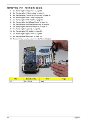 Page 12011 0Chapter 3
Removing the Thermal Module
1.See “Removing the Battery Pack” on page 60.
2.See “Removing the SD dummy card” on page 61.
3.See “Removing the ExpressCard dummy card” on page 62.
4.See “Removing the Lower Covers” on page 63.
5.See “Removing the DIMM Module” on page 65.
6.See “Removing the WLAN Board Module” on page 66.
7.See “Removing the Hard Disk Drive Module” on page 68.
8.See “Removing the Optical Drive Module” on page 70.
9.See “Removing the Keyboard” on page 76.
10.See “Removing the LCD...