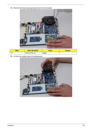 Page 125Chapter 311 5
14.Remove the three securing screws from the Fan module.
15.Lift the Fan module clear of the Mainboard.
StepSize (Quantity)ColorTo r q u e
16 M2*4-NI NL (3) Black 