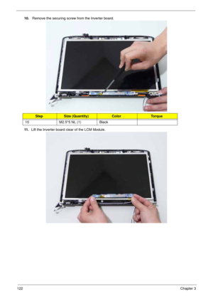 Page 132122Chapter 3
10. Remove the securing screw from the Inverter board.
11 .Lift the Inverter board clear of the LCM Module.
StepSize (Quantity)ColorTo r q u e
10 M2.5*5 NL (1) Black 