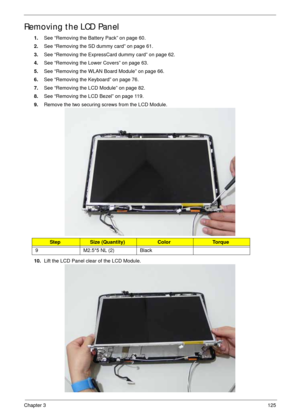 Page 135Chapter 3125
Removing the LCD Panel
1.See “Removing the Battery Pack” on page 60.
2.See “Removing the SD dummy card” on page 61.
3.See “Removing the ExpressCard dummy card” on page 62.
4.See “Removing the Lower Covers” on page 63.
5.See “Removing the WLAN Board Module” on page 66.
6.See “Removing the Keyboard” on page 76.
7.See “Removing the LCD Module” on page 82.
8.See “Removing the LCD Bezel” on page 119.
9.Remove the two securing screws from the LCD Module.
10.Lift the LCD Panel clear of the LCD...