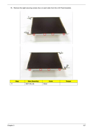 Page 137Chapter 3127
11 .Remove the eight securing screws (four on each side) from the LCD Panel brackets.
StepSize (Quantity)ColorTo r q u e
11 M2*3 NL (8) Silver 