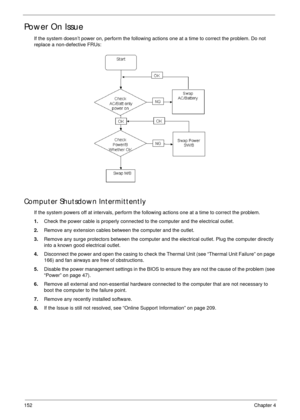 Page 162152Chapter 4
Power On Issue
If the system doesn’t power on, perform the following actions one at a time to correct the problem. Do not 
replace a non-defective FRUs:
Computer Shutsdown Intermittently
If the system powers off at intervals, perform the following actions one at a time to correct the problem.
1.Check the power cable is properly connected to the computer and the electrical outlet. 
2.Remove any extension cables between the computer and the outlet.
3.Remove any surge protectors between the...