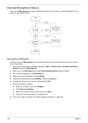 Page 168158Chapter 4
Internal Microphone Failure
If the internal Microphone fails, perform the following actions one at a time to correct the problem. Do not 
replace a non-defective FRUs:
Microphone Problems
If internal or external Microphones do no operate correctly, perform the following actions one at a time to 
correct the problem.
1.Check that the microphone is enabled. Navigate to Start´ Control Panel´ Hardware and Sound´ 
Sound and select the Recording tab.
2.Right-click on the Recording tab and select...