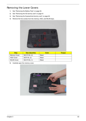 Page 73Chapter 363
Removing the Lower Covers
1.See “Removing the Battery Pack” on page 60.
2.See “Removing the SD dummy card” on page 61.
3.See “Removing the ExpressCard dummy card” on page 62.
4.Remove the five screws from the memory, HDD, and WLAN bays.   
5.Carefully open the memory cover. 
StepSize (Quantity)ColorTo r q u e
Memory Cover M2.5*8 NL (2) Black
HDD Cover M2*6 NL (2) Black
WLAN Cover M2.5*8 NL (1) Black 