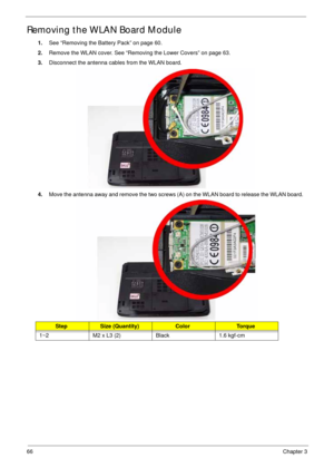 Page 7666Chapter 3
Removing the WLAN Board Module
1.See “Removing the Battery Pack” on page 60.
2.Remove the WLAN cover. See “Removing the Lower Covers” on page 63.
3.Disconnect the antenna cables from the WLAN board. 
4.Move the antenna away and remove the two screws (A) on the WLAN board to release the WLAN board.   
StepSize (Quantity)ColorTo r q u e
1~2 M2 x L3 (2) Black 1.6 kgf-cm 