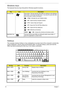 Page 21
12Chapter 1
Windows keys
The keyboard has two keys that perform Windows-specific functions.
Hotkeys
The computer employs hotkeys or key combinations to access most of the computers controls like 
screen brightness, vo lume output and the BIOS utility. To  activate hotkeys, press and hold the 
  key before pressing the other key in the hotkey combination.
KeyIconDescription
Windows key Press alone. This key has the same effect as clicking on the Windows  Start button. It launches the Start menu. It can...