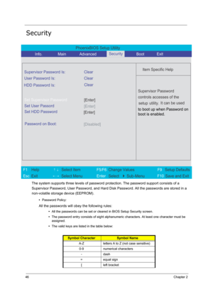 Page 5546Chapter 2
Security
The system supports three levels of password protection. The password support consists of a 
Supervisor Password, User Password, and Hard Disk Password. All the passwords are stored in a 
non-volatile storage device (EEPROM).
•Password Policy:
All the passwords will obey the following rules:
•All the passwords can be set or cleared in BIOS Setup Security screen.
•The password entry consists of eight alphanumeric characters. At least one character must be 
assigned.
•The valid keys...